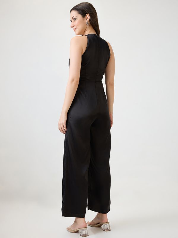 Globus Women Black Satin Halter Neck Wide Leg Party Jumpsuit