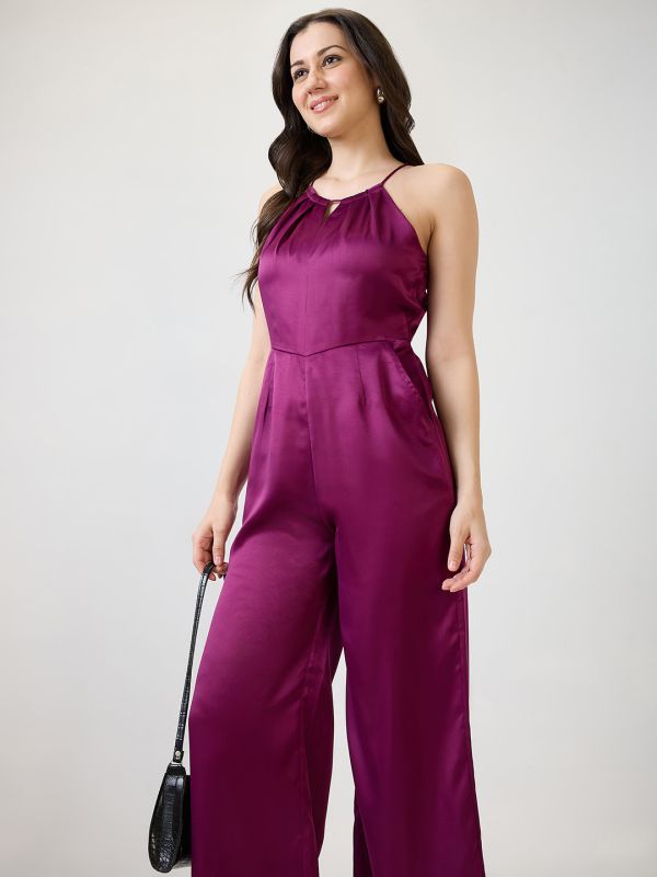 Globus Women Burgundy Satin Halter Neck Wide Leg Party Jumpsuit