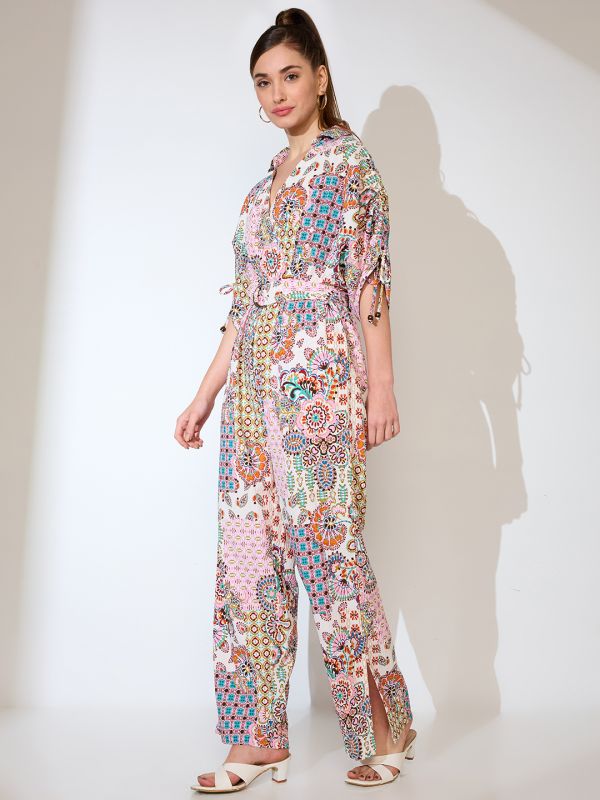 Globus Women Multi Pink Shirt Collar Ruched Sleeves Ethnic Motifs Print Belted Fusion Jumpsuit