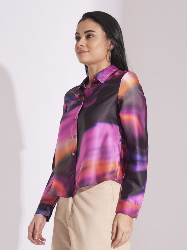 Globus Women Multi Galaxy Print Cuffed Sleeves Shirt Style Party Top