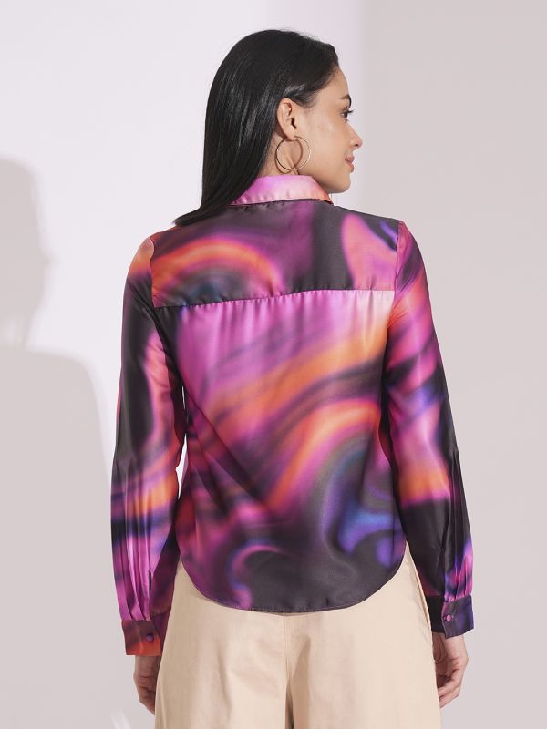 Globus Women Multi Galaxy Print Cuffed Sleeves Shirt Style Party Top