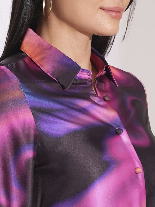 Globus Women Multi Galaxy Print Cuffed Sleeves Shirt Style Party Top