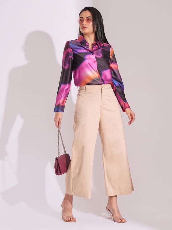 Globus Women Multi Galaxy Print Cuffed Sleeves Shirt Style Party Top