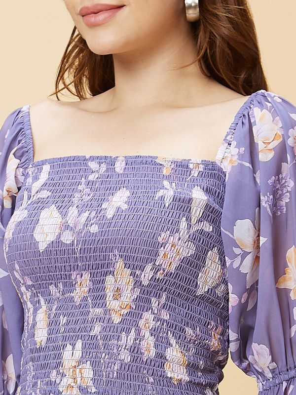 Globus Women Lilac Square Neck Long Flared Sleeves Smocking Detail Floral Print Smocked Crop Top