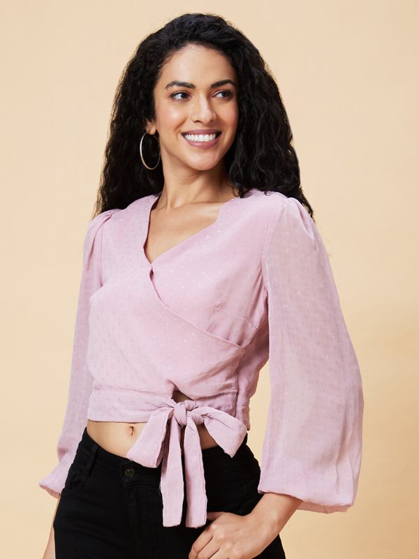 Globus Women Pink Self Design Wrap V-Neck Waist Tie-Up Party Crop Top