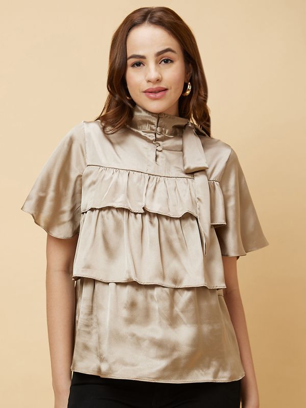 Globus Women Gold Tiered Flare Sleeves Tie-Up Neck Party Top