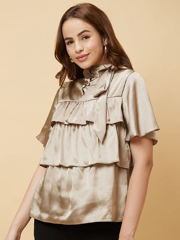 Globus Women Gold Tiered Flare Sleeves Tie-Up Neck Party Top