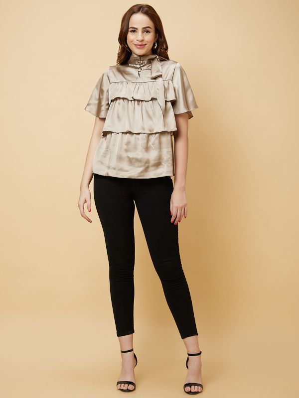 Globus Women Gold Tiered Flare Sleeves Tie-Up Neck Party Top