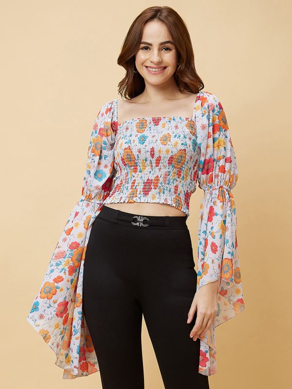 Globus Women Orange Square Neck Long Flared Sleeves Smocking Detail Floral Print Smocked Crop Top