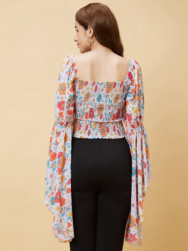 Globus Women Orange Square Neck Long Flared Sleeves Smocking Detail Floral Print Smocked Crop Top