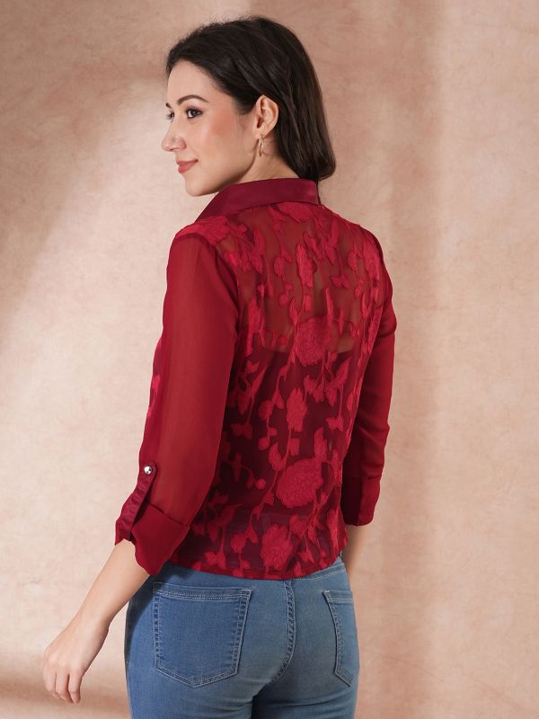 Globus Women Maroon Self-Design Floral Print V-Neck 3/4 Roll - Up Sleeveless Party Wear Top