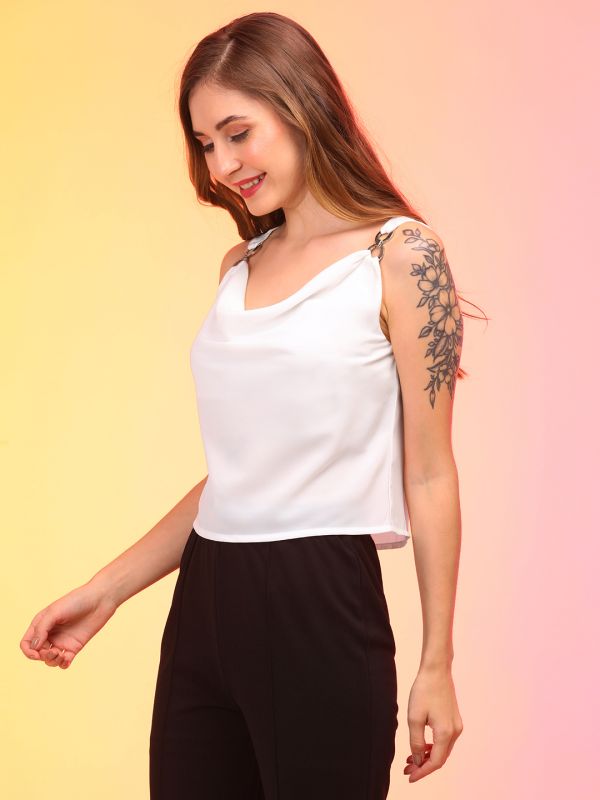Globus Women White Cowl Neck Strappy Shoulder Party Top