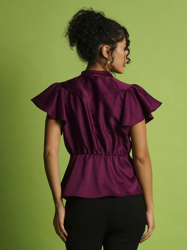 Globus Women Purple V-Neck Flutter Sleeves Peplum Party Top