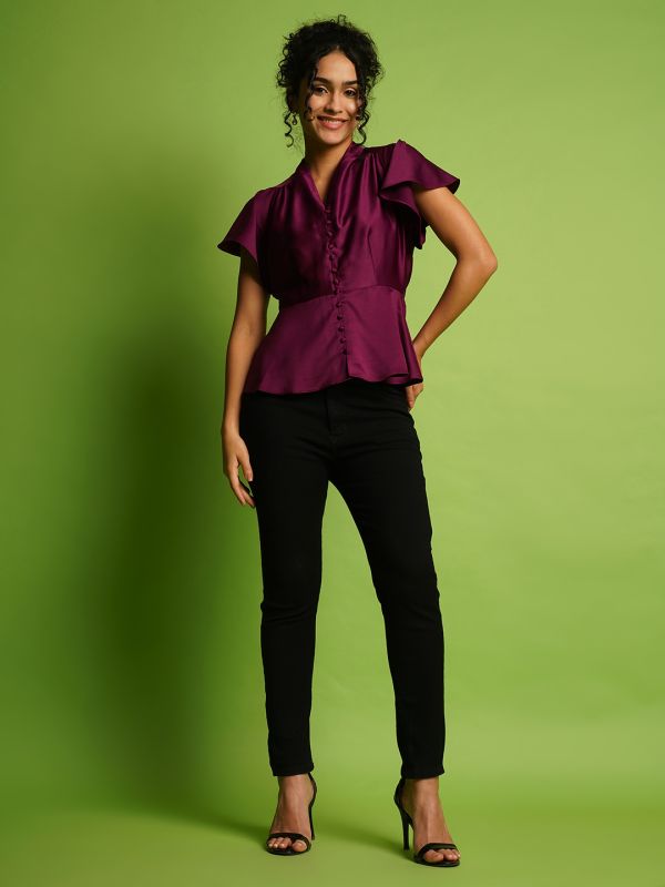 Globus Women Purple V-Neck Flutter Sleeves Peplum Party Top