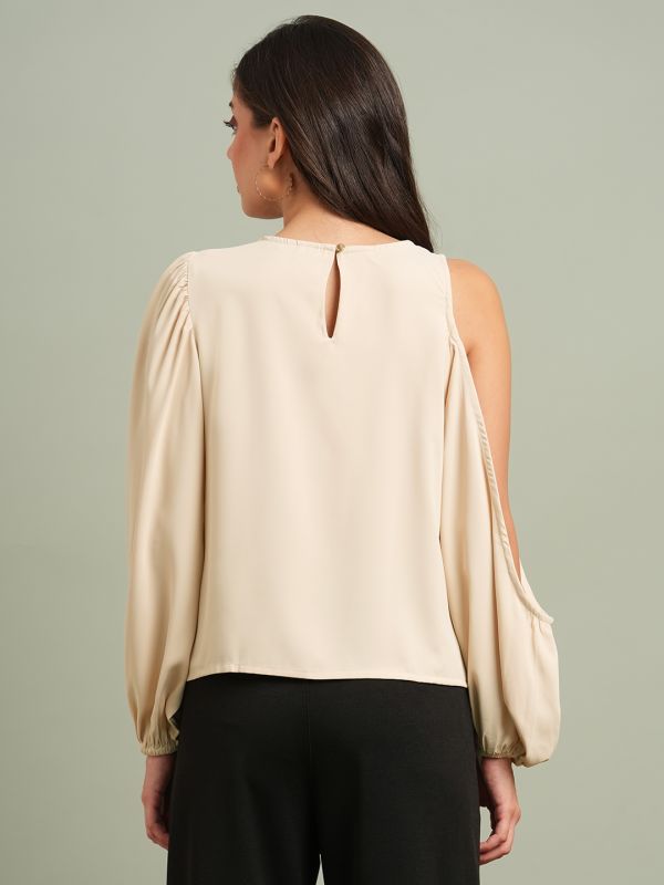 Globus Women Khaki Cowl Neck Cold Shoulder Bishop Sleeves Solid Pleat Detail Party Top