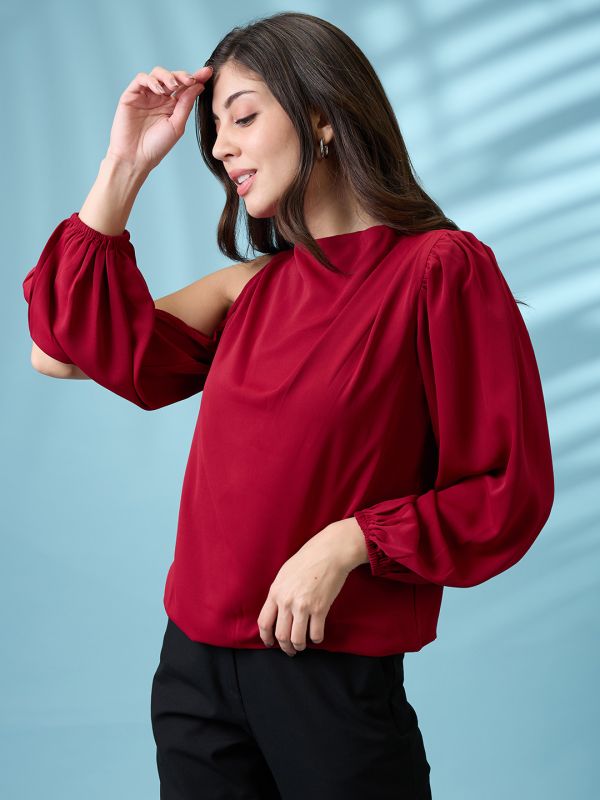 Globus Women Maroon Cowl Neck Cold Shoulder Bishop Sleeves Solid Pleat Detail Party Top