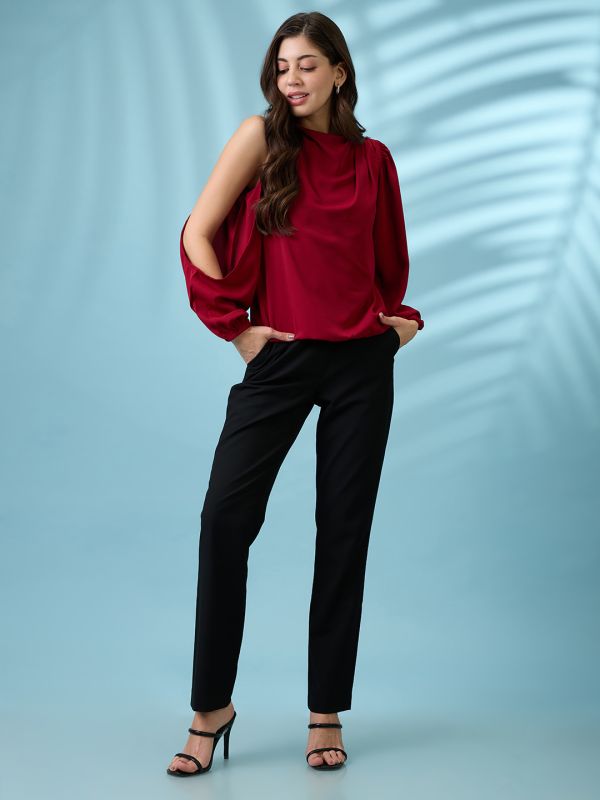 Globus Women Maroon Cowl Neck Cold Shoulder Bishop Sleeves Solid Pleat Detail Party Top
