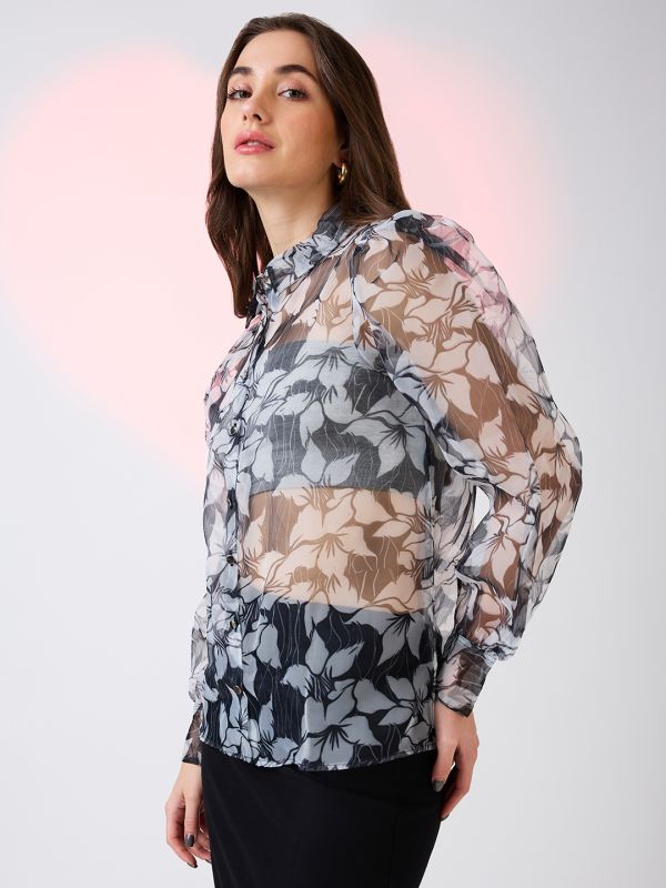 Globus Women Black Collared Neck Cuffed Sleeves Floral Print Organza Shirt Style Party Top