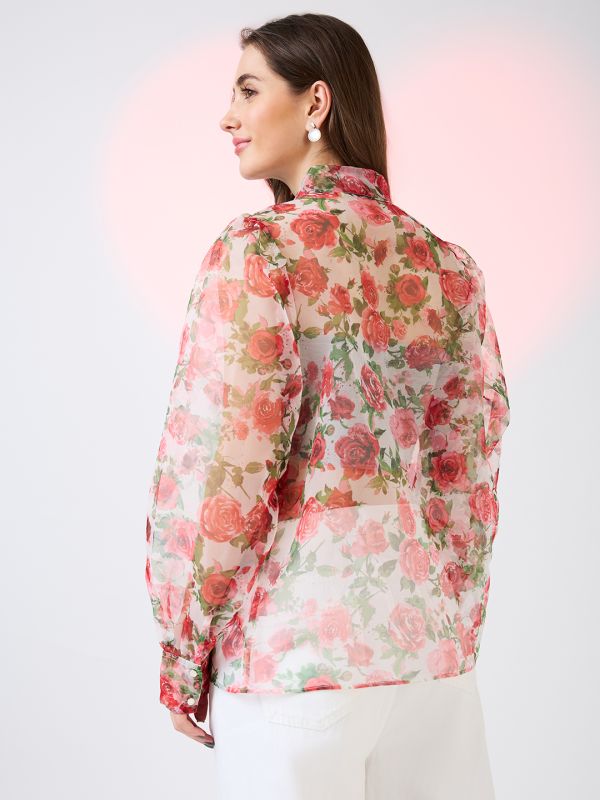 Globus Women Multi Collared Neck Cuffed Sleeves Floral Print Organza Shirt Style Party Top