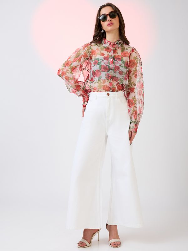 Globus Women Multi Collared Neck Cuffed Sleeves Floral Print Organza Shirt Style Party Top
