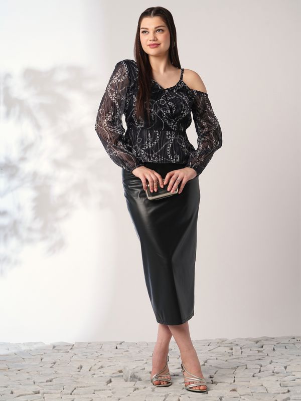 Globus Women Black Abstract Print V-Neck One Shoulder Bishop Sleeves Peplum Party Top