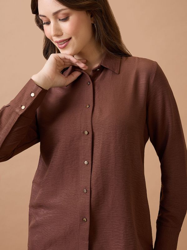 Globus Women Brown Collared Neck Cuffed Sleeves Shirt Style Workwear Top
