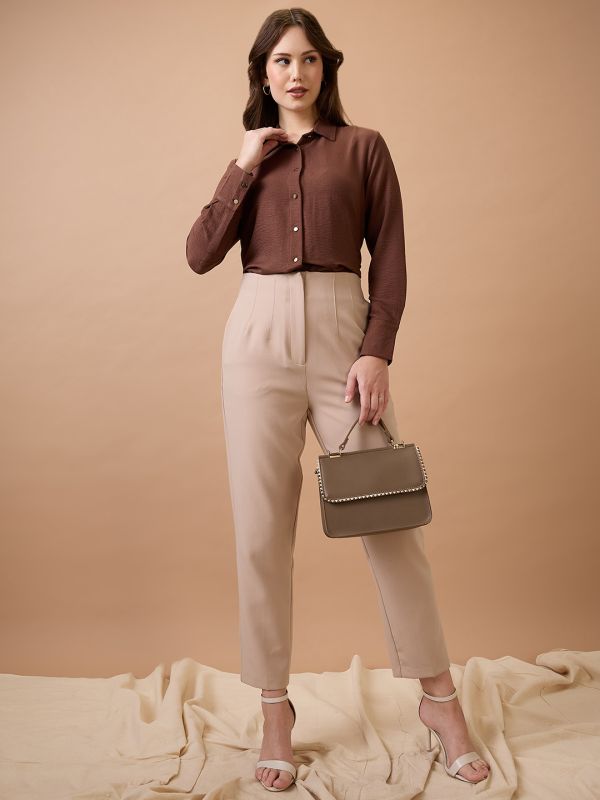 Globus Women Brown Collared Neck Cuffed Sleeves Shirt Style Workwear Top