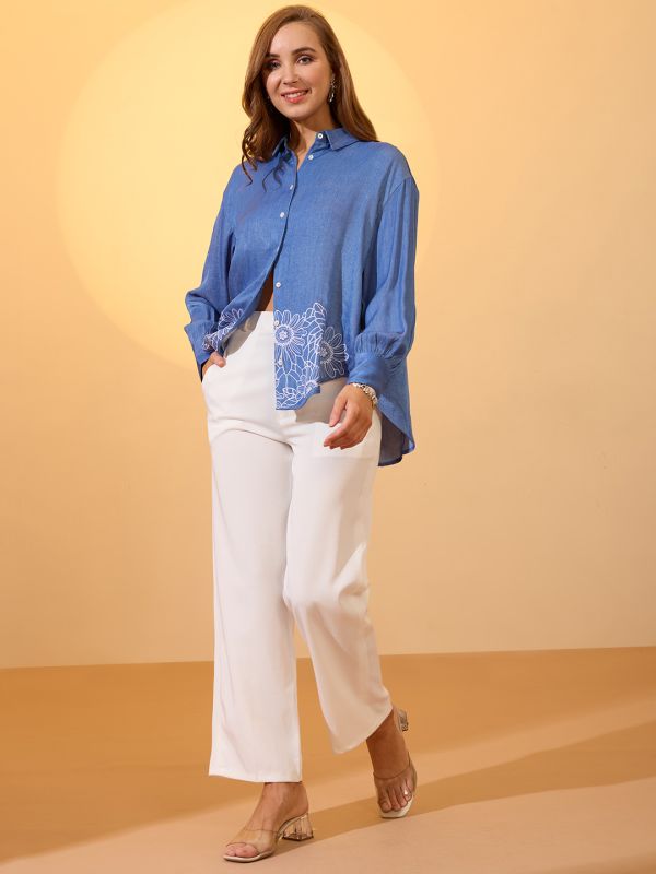 Globus Women Navy Blue Floral Embroidered Collared Neck Cuffed Sleeves Oversized Resort Shirt