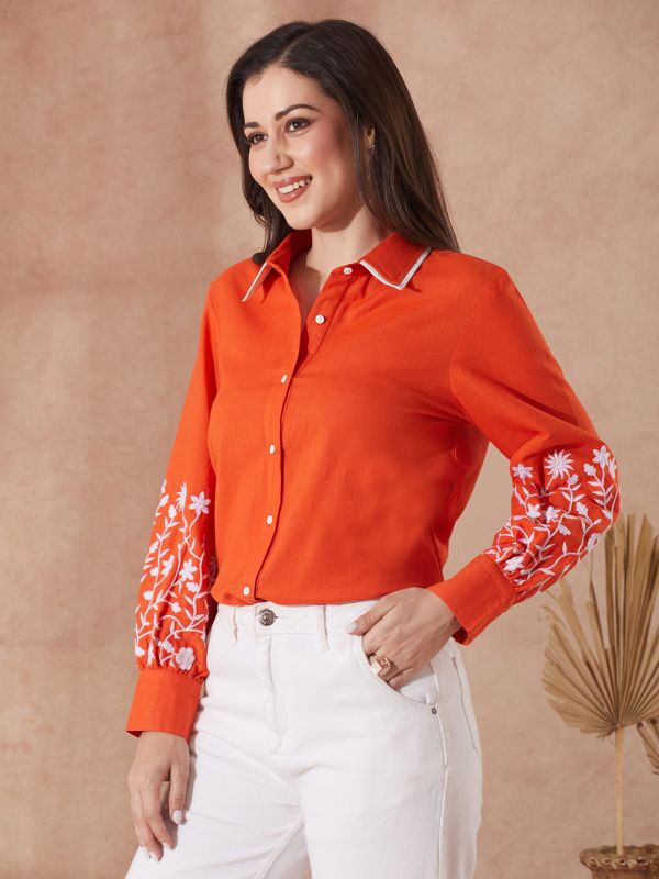 Globus Women Rust Collared Neck Floral Embroidered Cuff Sleeves Curved Hem Shirt