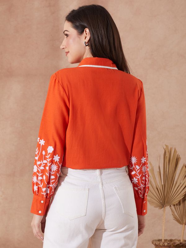 Globus Women Rust Collared Neck Floral Embroidered Cuff Sleeves Curved Hem Shirt