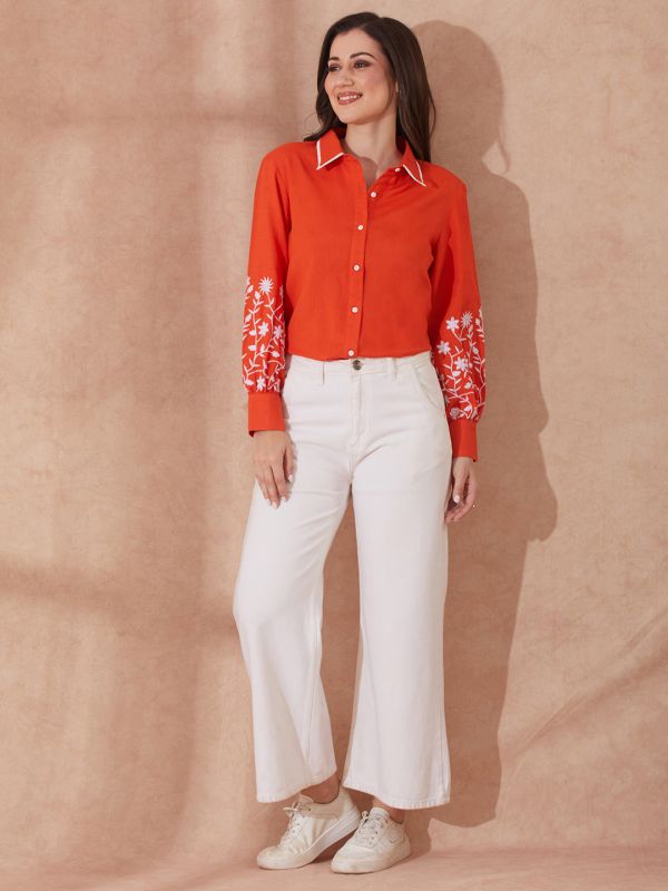 Globus Women Rust Collared Neck Floral Embroidered Cuff Sleeves Curved Hem Shirt