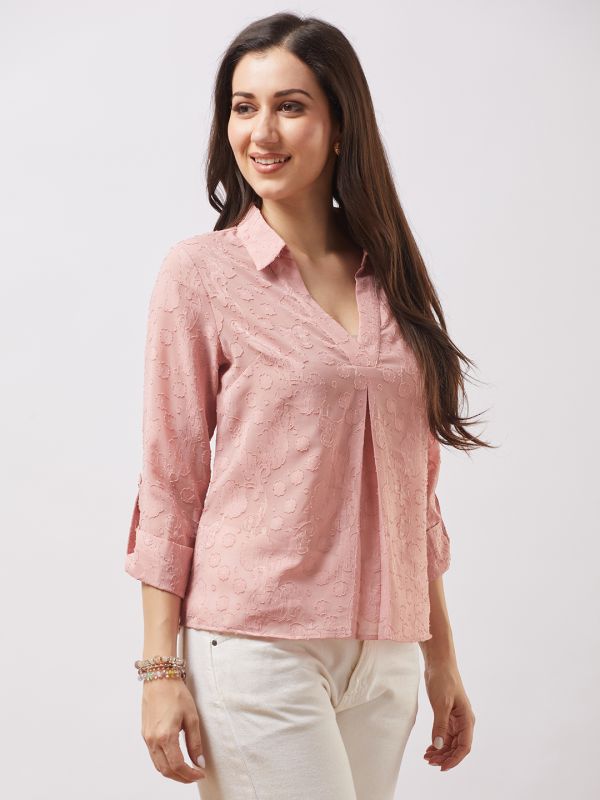 Globus Women Pink Collared V-neck Roll-up Sleeves Floral Self Design Shirt Style Top