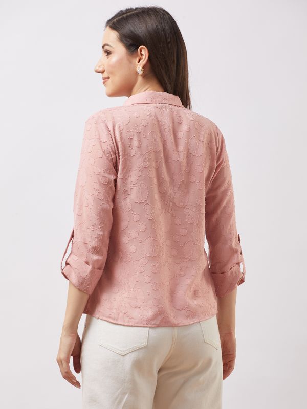 Globus Women Pink Collared V-neck Roll-up Sleeves Floral Self Design Shirt Style Top