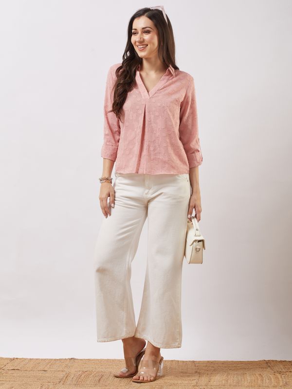 Globus Women Pink Collared V-neck Roll-up Sleeves Floral Self Design Shirt Style Top