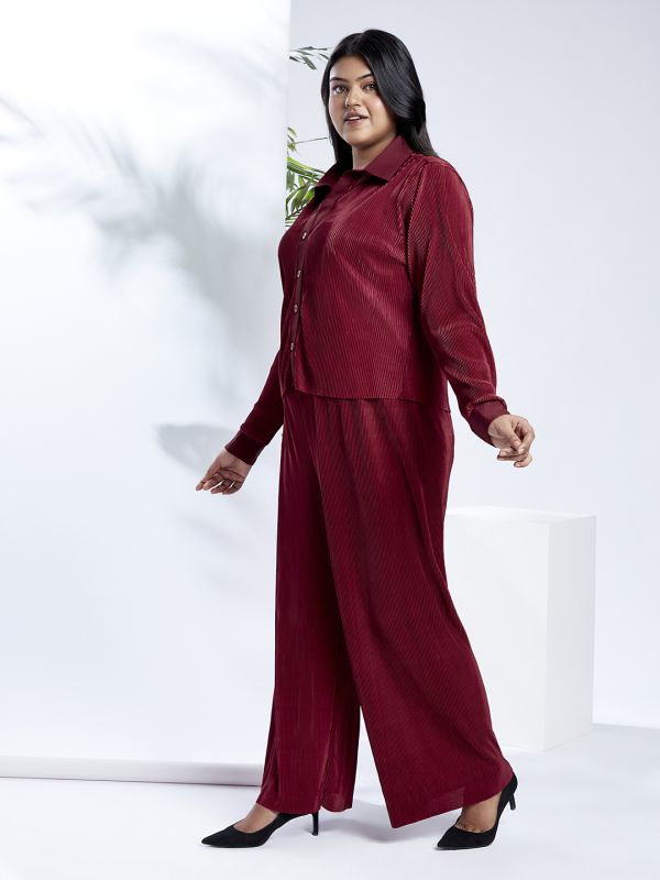 Globus Gloplus Women Maroon Self Design Accordion Pleats Shirt Style Top with Wide Leg Trousers Plus Size Party Co-Ord Set