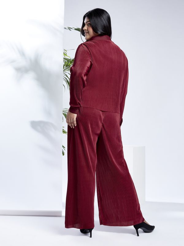 Globus Gloplus Women Maroon Self Design Accordion Pleats Shirt Style Top with Wide Leg Trousers Plus Size Party Co-Ord Set