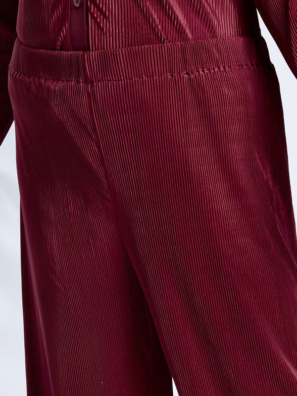 Globus Gloplus Women Maroon Self Design Accordion Pleats Shirt Style Top with Wide Leg Trousers Plus Size Party Co-Ord Set