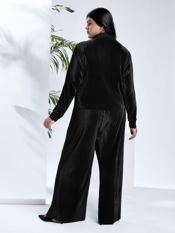 Globus Gloplus Women Black Self Design Accordion Pleats Shirt Style Top with Wide Leg Trousers Plus Size Party Co-Ord Set