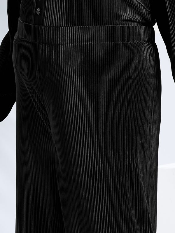 Globus Gloplus Women Black Self Design Accordion Pleats Shirt Style Top with Wide Leg Trousers Plus Size Party Co-Ord Set