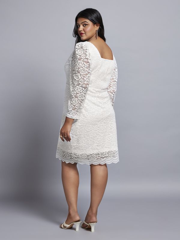 Globus Gloplus Women White Sweetheart Neck Long Sleeves Floral Lace Scalloped Hem Plus Size Sheath Party Dress
