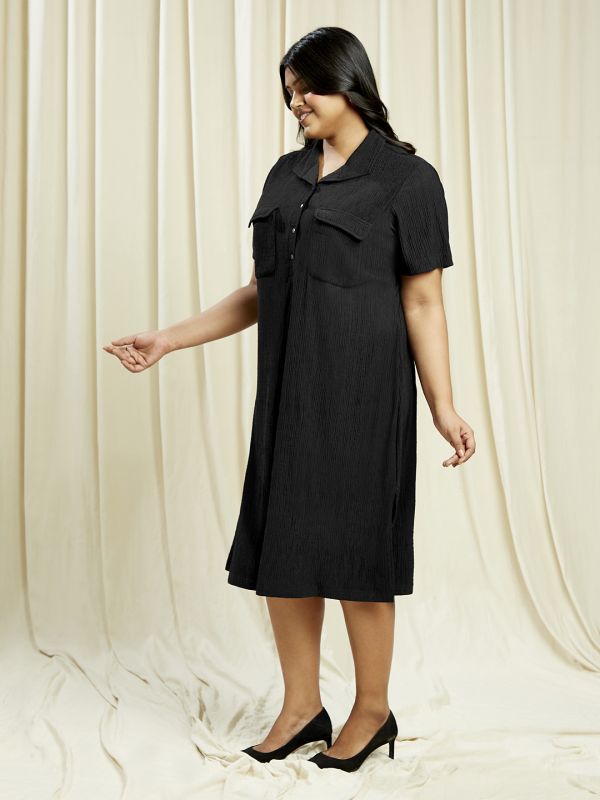 Globus Gloplus Women Black Shirt Collar Self Design Pocket Detail Side Slits Plus Size Midi Sheath Dress
