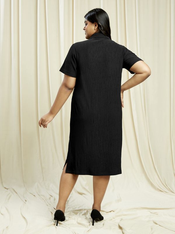Globus Gloplus Women Black Shirt Collar Self Design Pocket Detail Side Slits Plus Size Midi Sheath Dress