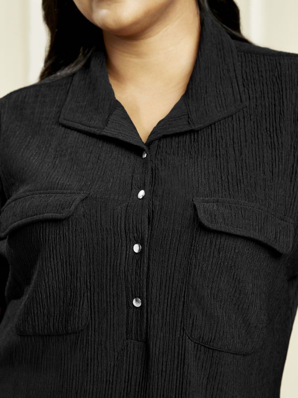 Globus Gloplus Women Black Shirt Collar Self Design Pocket Detail Side Slits Plus Size Midi Sheath Dress
