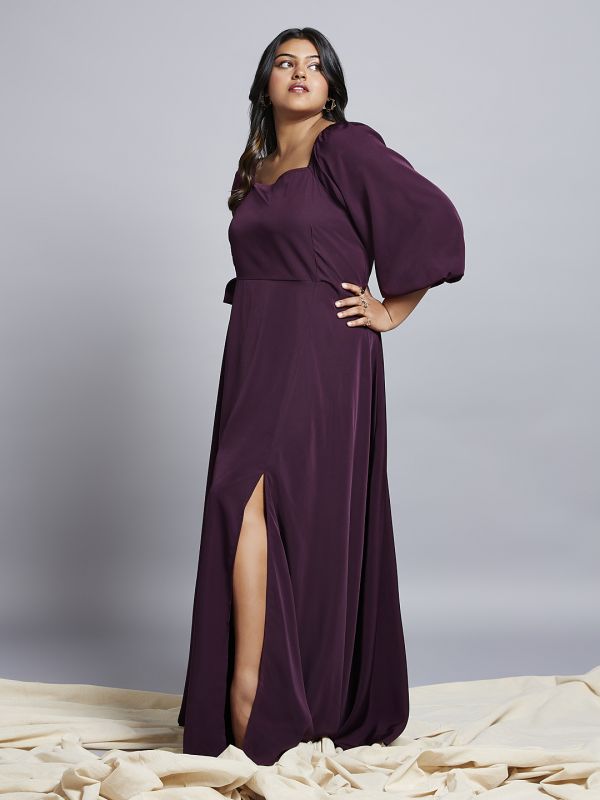 Globus Gloplus Women Purple Square Neck Bishop Sleeves Flared Hem Side Slit A-Line Plus Size Maxi Party Dress