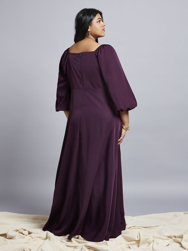 Globus Gloplus Women Purple Square Neck Bishop Sleeves Flared Hem Side Slit A-Line Plus Size Maxi Party Dress