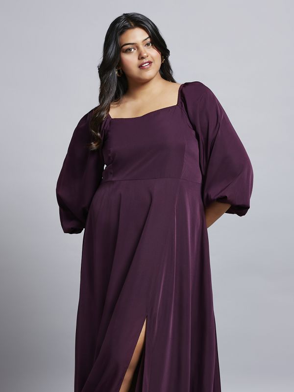 Globus Gloplus Women Purple Square Neck Bishop Sleeves Flared Hem Side Slit A-Line Plus Size Maxi Party Dress