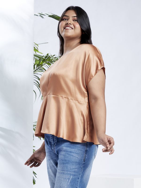 Globus Gloplus Women Peach Round Neck Extended Sleeves Satin Peplum Plus Size Workwear Top