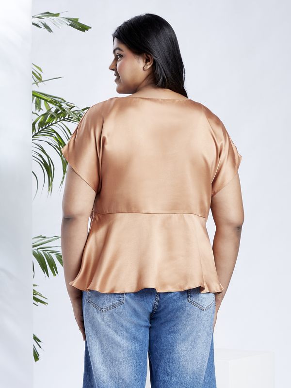 Globus Gloplus Women Peach Round Neck Extended Sleeves Satin Peplum Plus Size Workwear Top