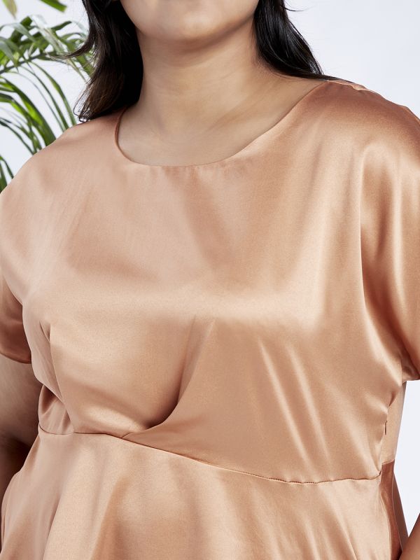 Globus Gloplus Women Peach Round Neck Extended Sleeves Satin Peplum Plus Size Workwear Top