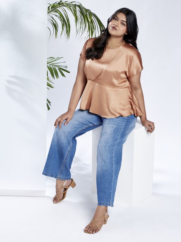 Globus Gloplus Women Peach Round Neck Extended Sleeves Satin Peplum Plus Size Workwear Top